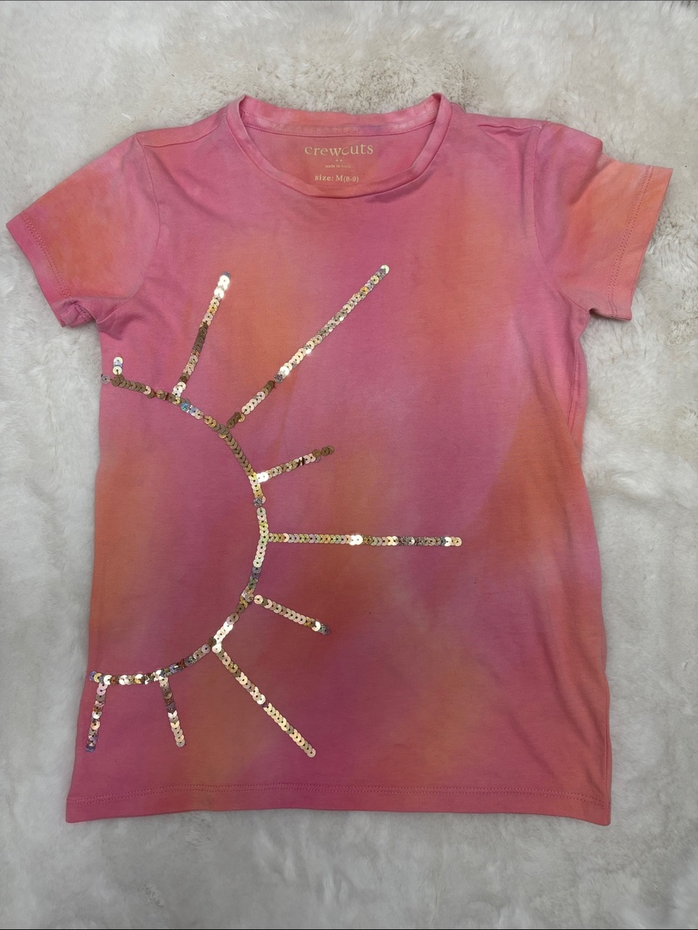 Crewcuts J. Crew Sequin Tie-Dye Sun Graphic T-Shirt Pink Girl SZ M 8-9